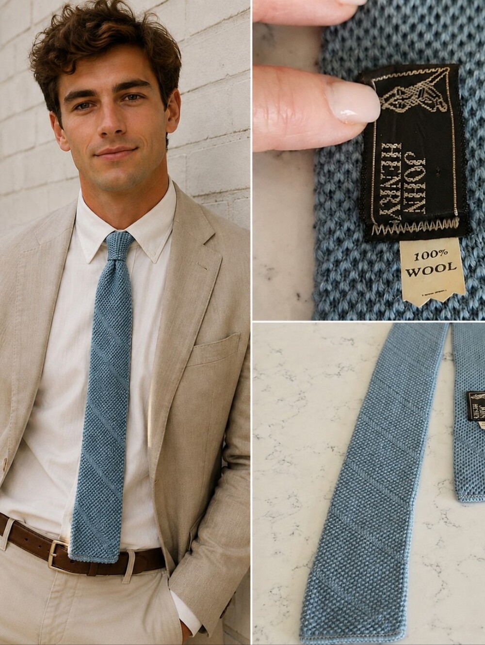 Vintage Knit Wool Tie Dusty Steel Blue Square Mad Men Ivy League Academia Retro